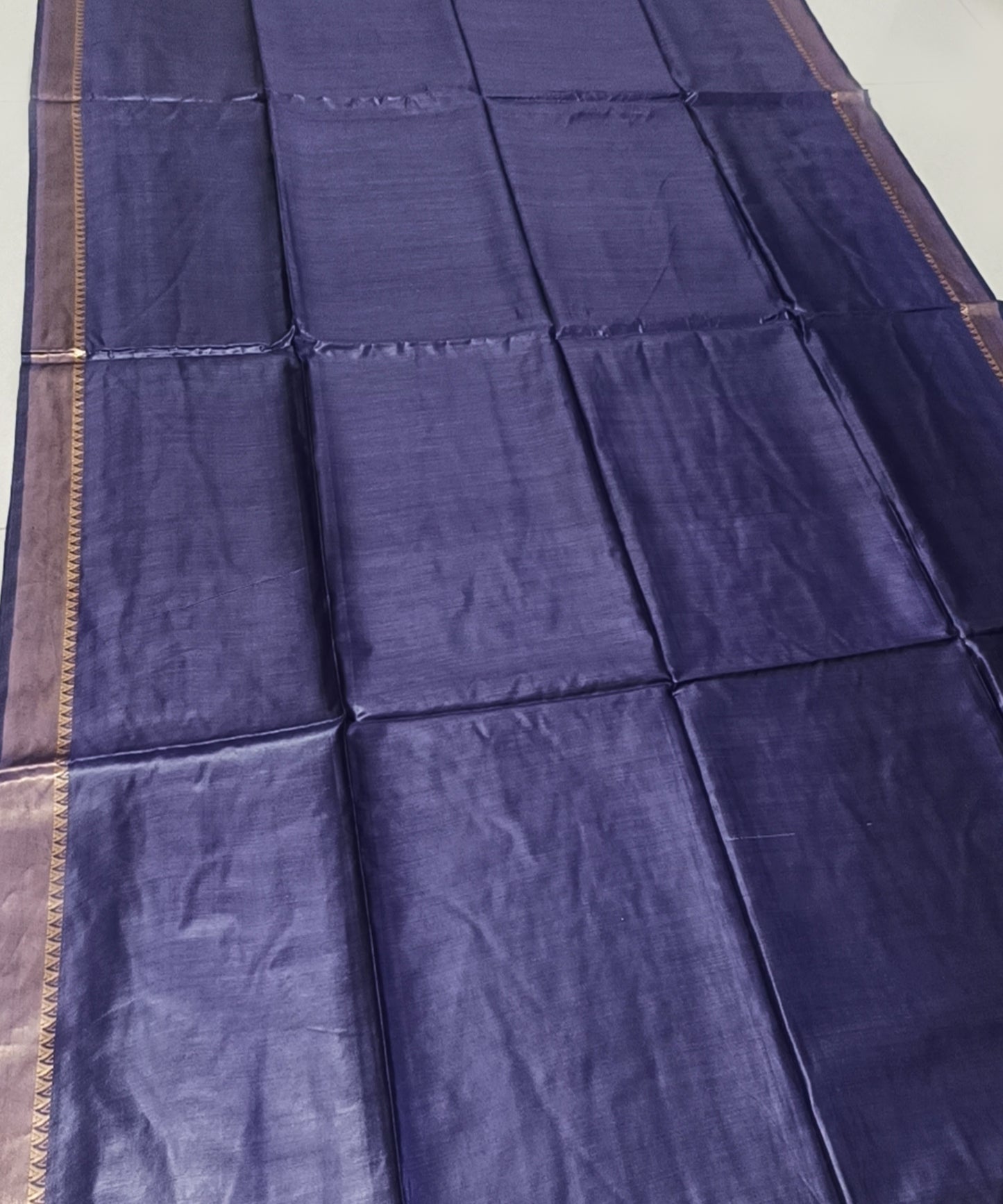 Indigo Handloom Tussar Moonga Silk Saree with Antique Gold Temple Zari Border