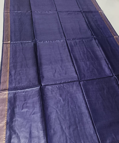 Indigo Handloom Tussar Moonga Silk Saree with Antique Gold Temple Zari Border