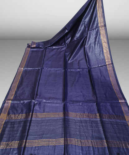 Indigo Handloom Tussar Moonga Silk Saree with Antique Gold Temple Zari Border