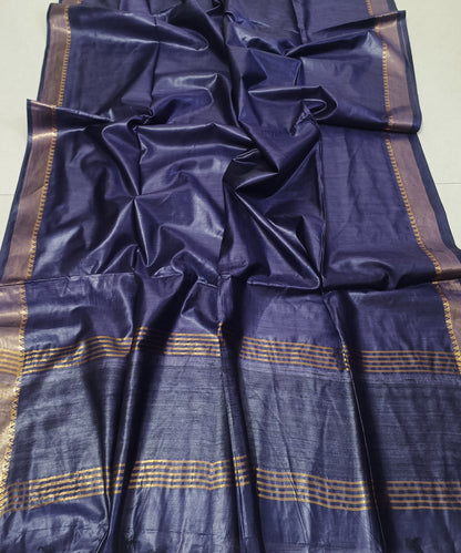 Indigo Handloom Tussar Moonga Silk Saree with Antique Gold Temple Zari Border