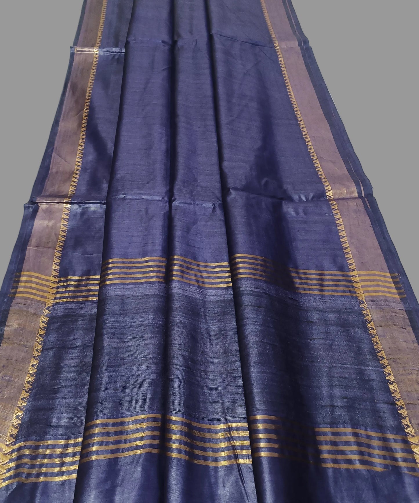 Indigo Handloom Tussar Moonga Silk Saree with Antique Gold Temple Zari Border