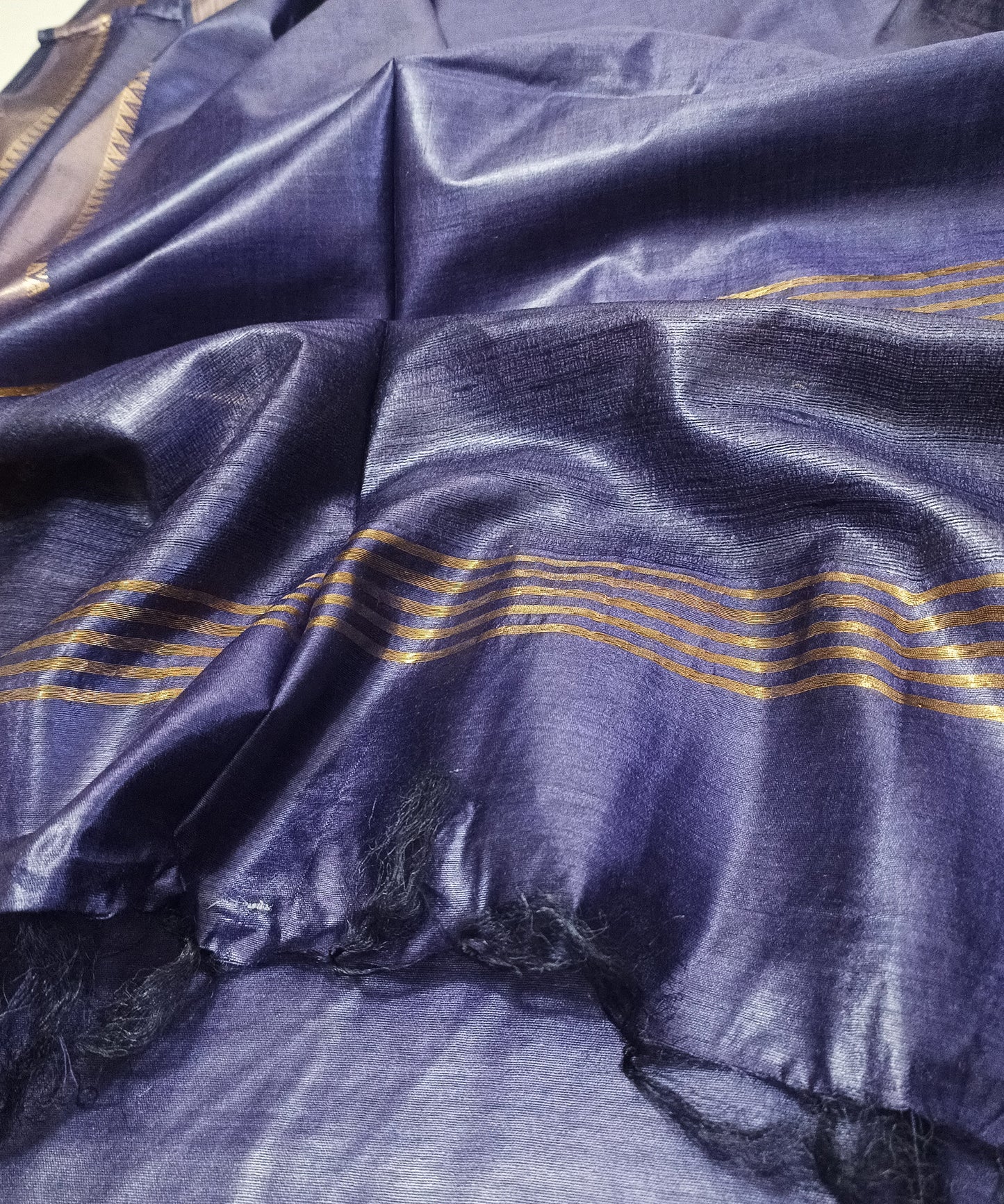 Indigo Handloom Tussar Moonga Silk Saree with Antique Gold Temple Zari Border