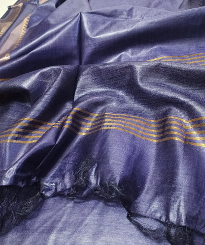 Indigo Handloom Tussar Moonga Silk Saree with Antique Gold Temple Zari Border