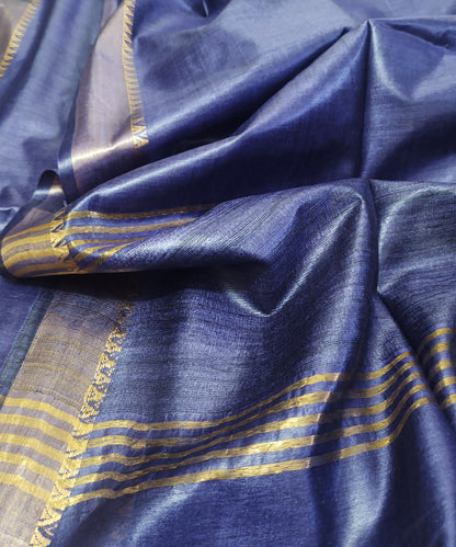 Indigo Handloom Tussar Moonga Silk Saree with Antique Gold Temple Zari Border
