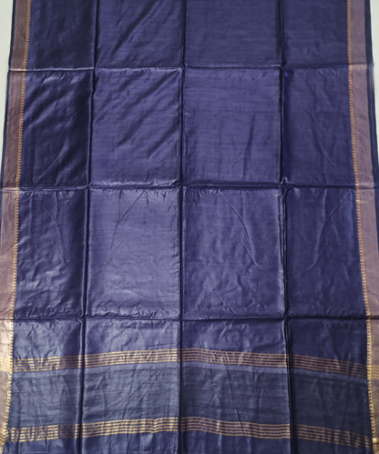 Indigo Handloom Tussar Moonga Silk Saree with Antique Gold Temple Zari Border