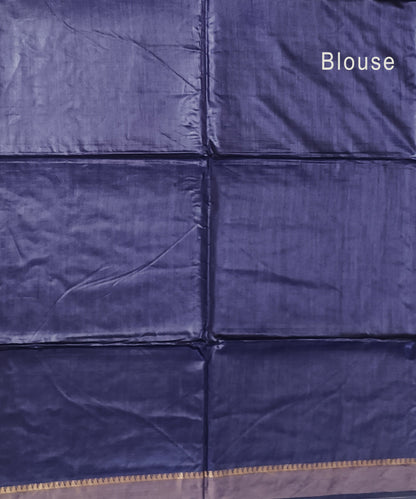 Indigo Handloom Tussar Moonga Silk Saree with Antique Gold Temple Zari Border