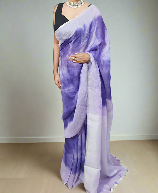 Indigo Tie & Dye Pure Linen Saree