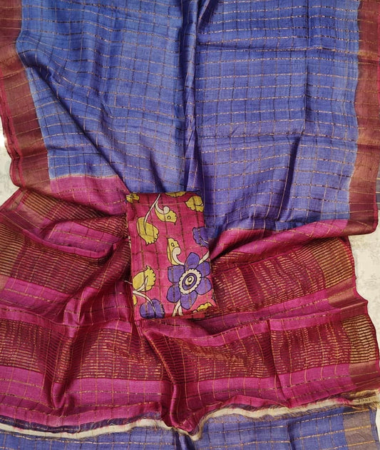 Indigo Bishnupuri Checked Zari Tussar Silk Saree |Peepal Clothing
