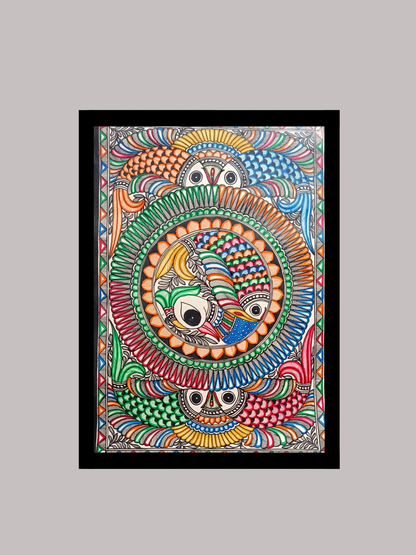 Intricate Madhubani Fish Mandala with Eyes - Layered Mithila Prosperity Art | Vertical Panel