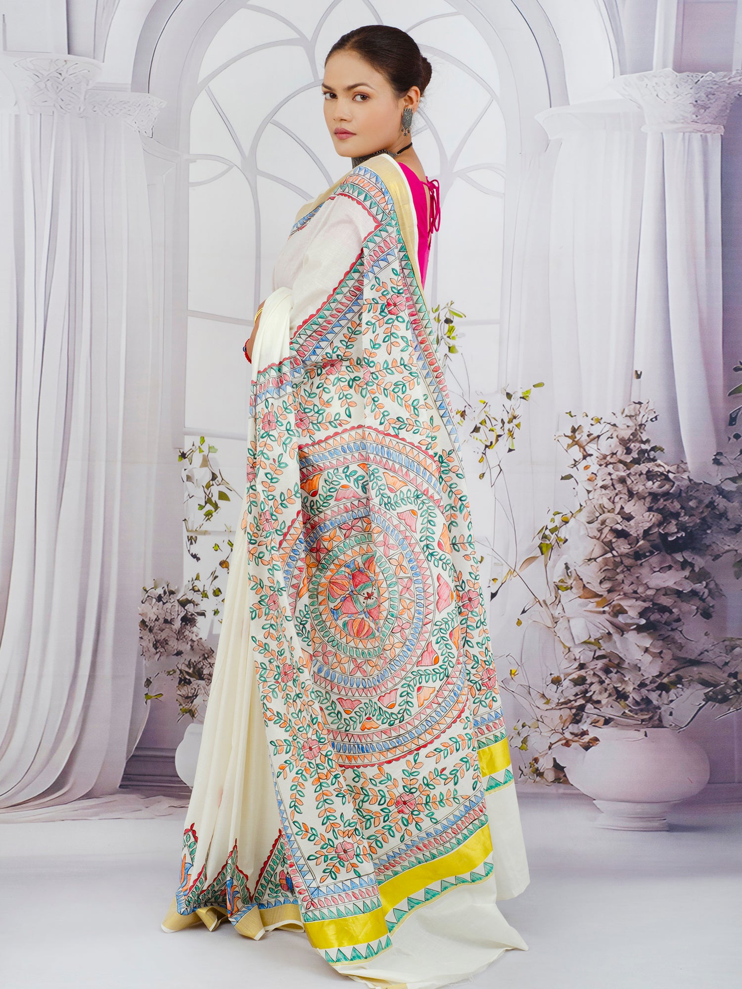 Traditional Kerala Cotton Saree with Madhubani Motifs and Elegant Zari Border