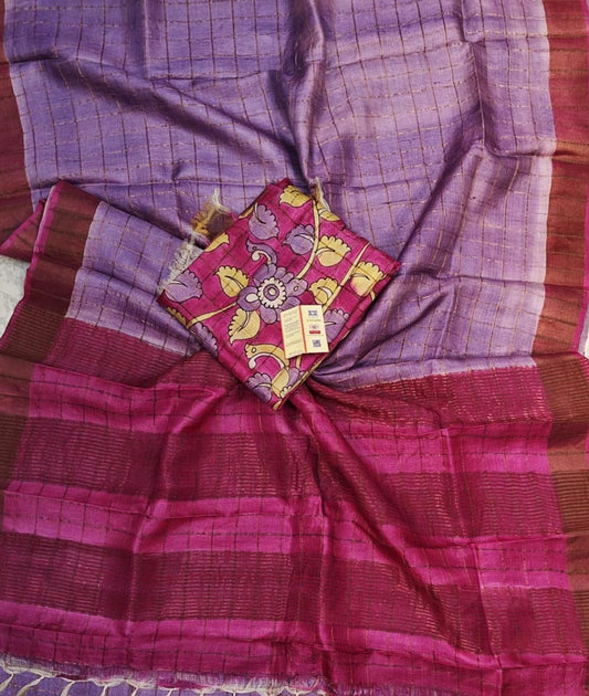 Lavender Purple Bishnupuri Checked Zari Tussar Silk Saree |Peepal Clothing
