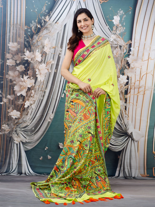 Lemon Green Madhubani Hand Painted Natural Crepe Saree