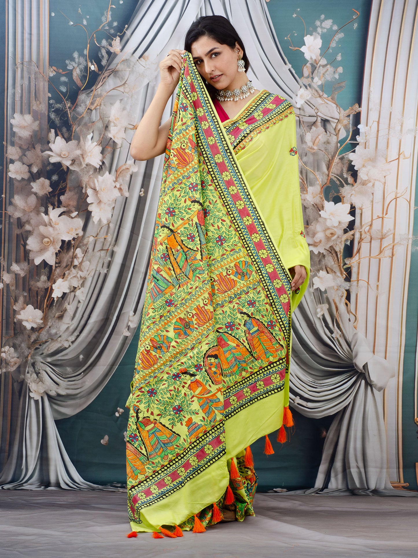 Lemon Green Madhubani Hand Painted Natural Crepe Saree