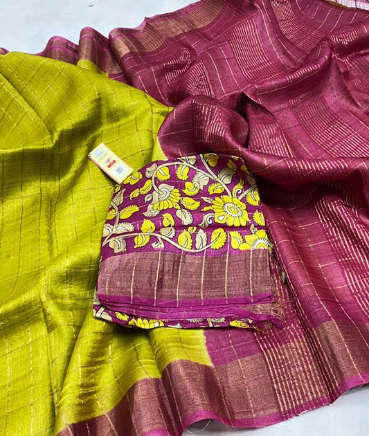 Lemon Green Bishnupuri Checked Zari Tussar Silk Saree |Peepal Clothing