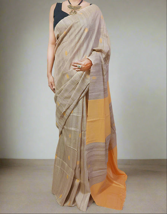 Light Orange Buta Handloom Tussar Ghicha Silk Saree