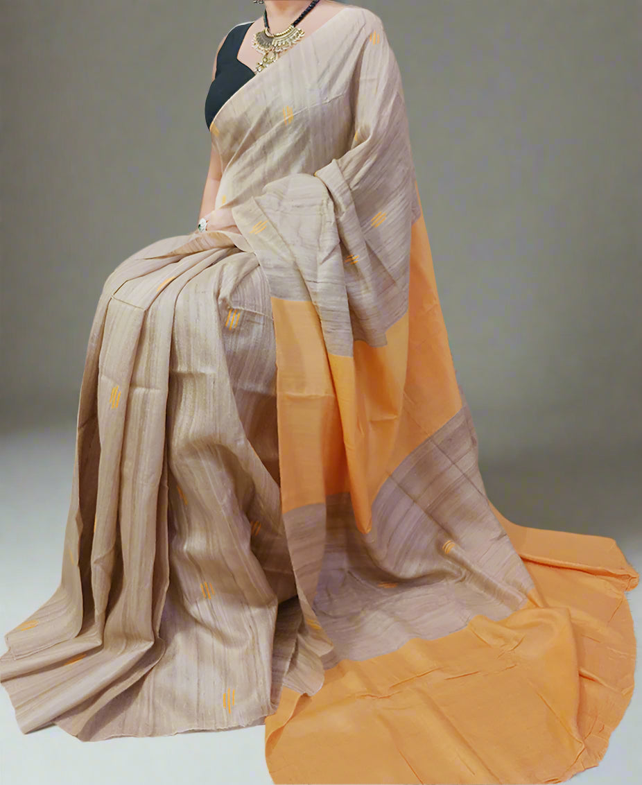 Light Orange Buta Handloom Tussar Ghicha Silk Saree
