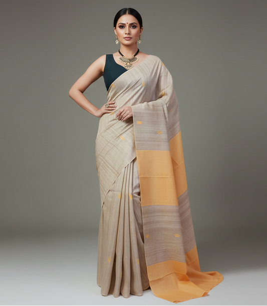 Light Orange Buta Handloom Tussar Ghicha Silk Saree