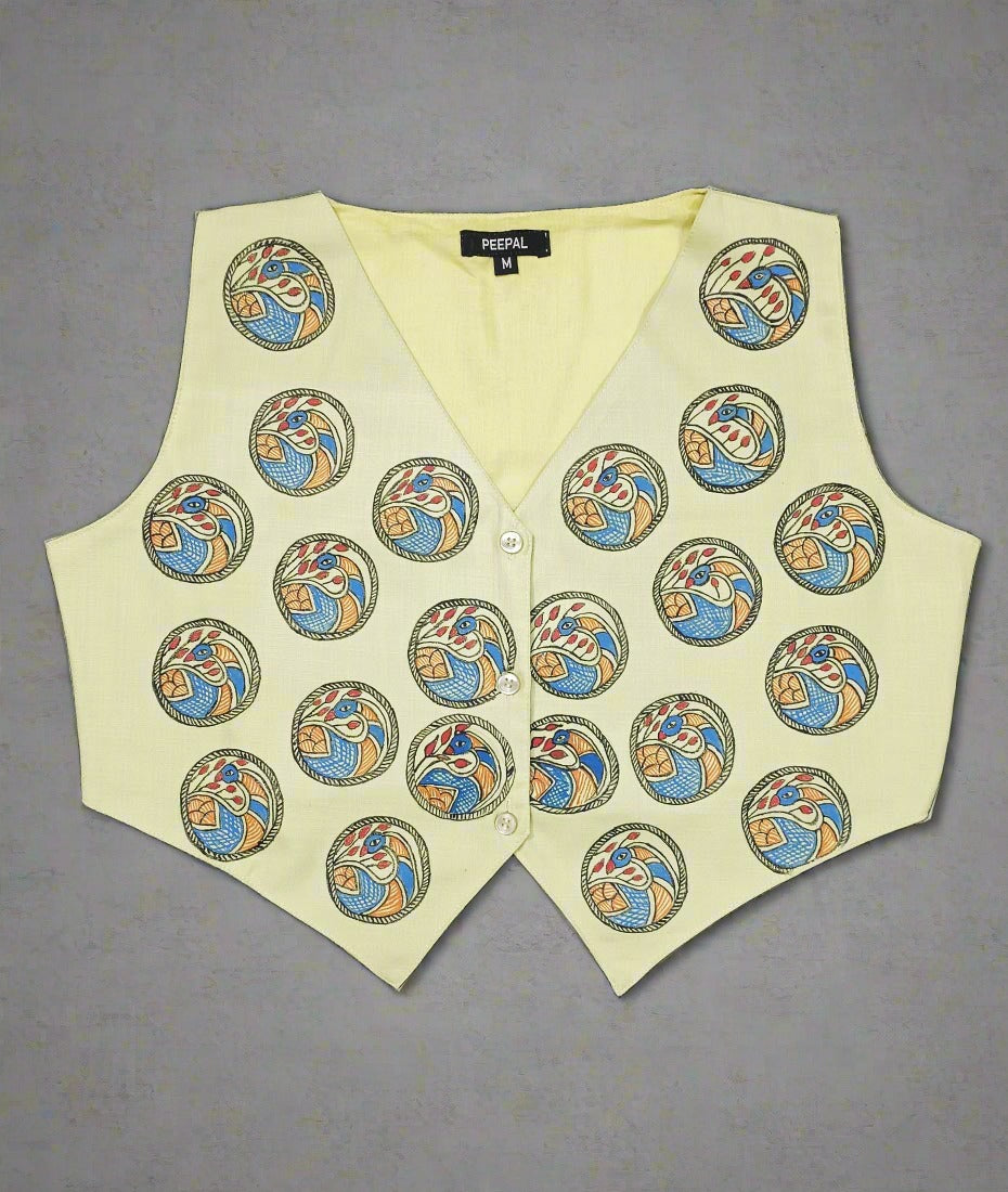 Lime Madhubani Hand Painted Woman’s Cotton Waistcoat | Peepal Clothing