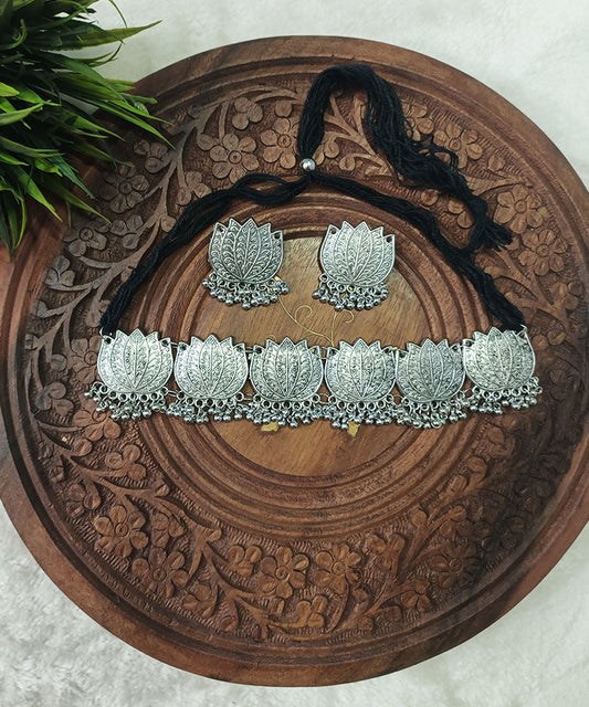 Lotus Oxidized Necklace Set |Peepal Clothing