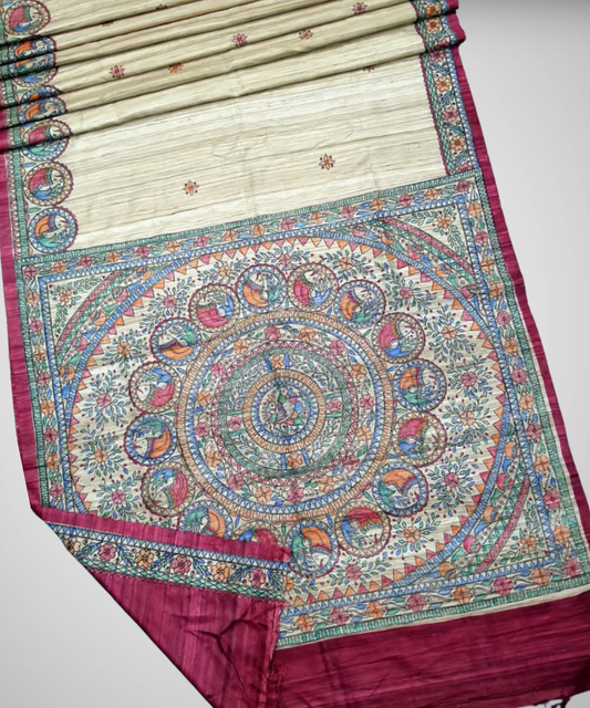 Madhubani Hand Painted Magenta Tussar-Ghicha Silk Saree