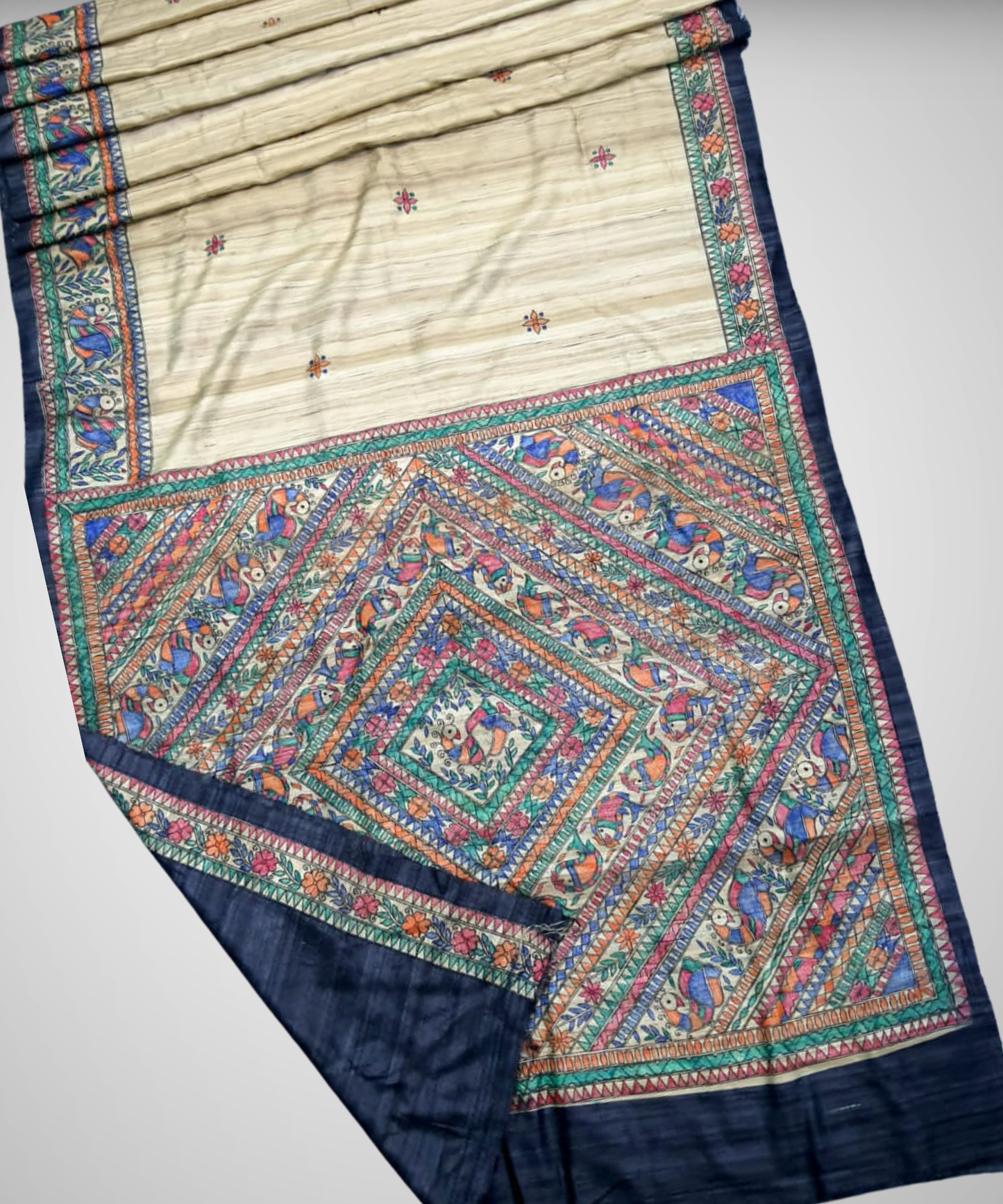 Madhubani Hand Painted Navy Blue Tussar-Ghicha Silk Saree