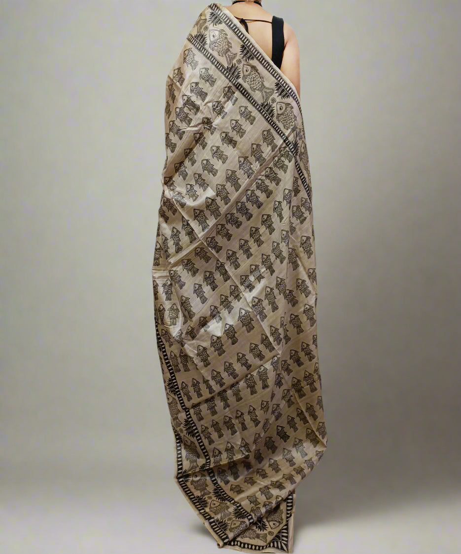 Madhubani Hand painted Tussar Silk Saree Featuring Fish Motifs