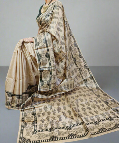 Madhubani Hand painted Tussar Silk Saree Featuring Fish Motifs
