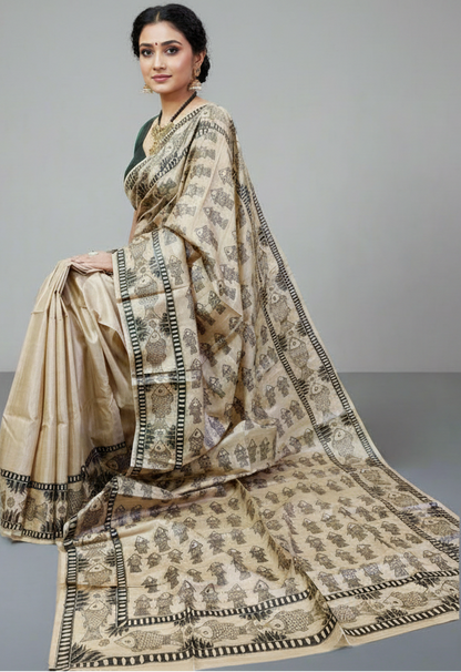 Madhubani Hand painted Tussar Silk Saree Featuring Fish Motifs