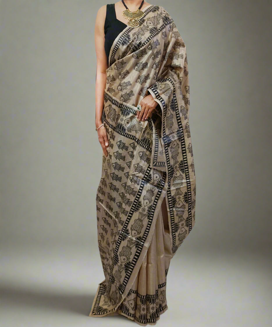 Madhubani Hand painted Tussar Silk Saree Featuring Fish Motifs