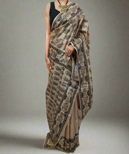 Madhubani Hand painted Tussar Silk Saree Featuring Fish Motifs
