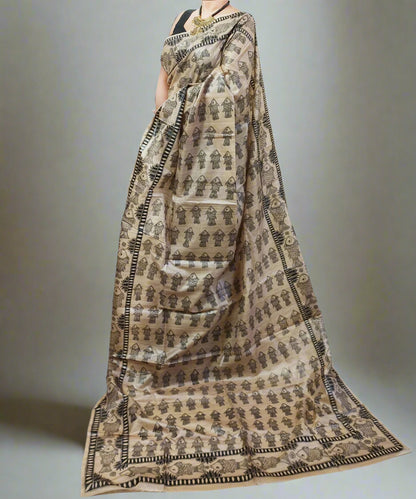 Madhubani Hand painted Tussar Silk Saree Featuring Fish Motifs