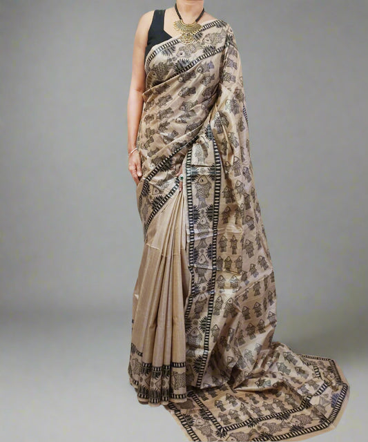 Madhubani Hand painted Tussar Silk Saree Featuring Fish Motifs