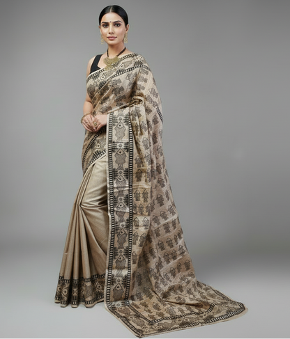 Madhubani Hand painted Tussar Silk Saree Featuring Fish Motifs