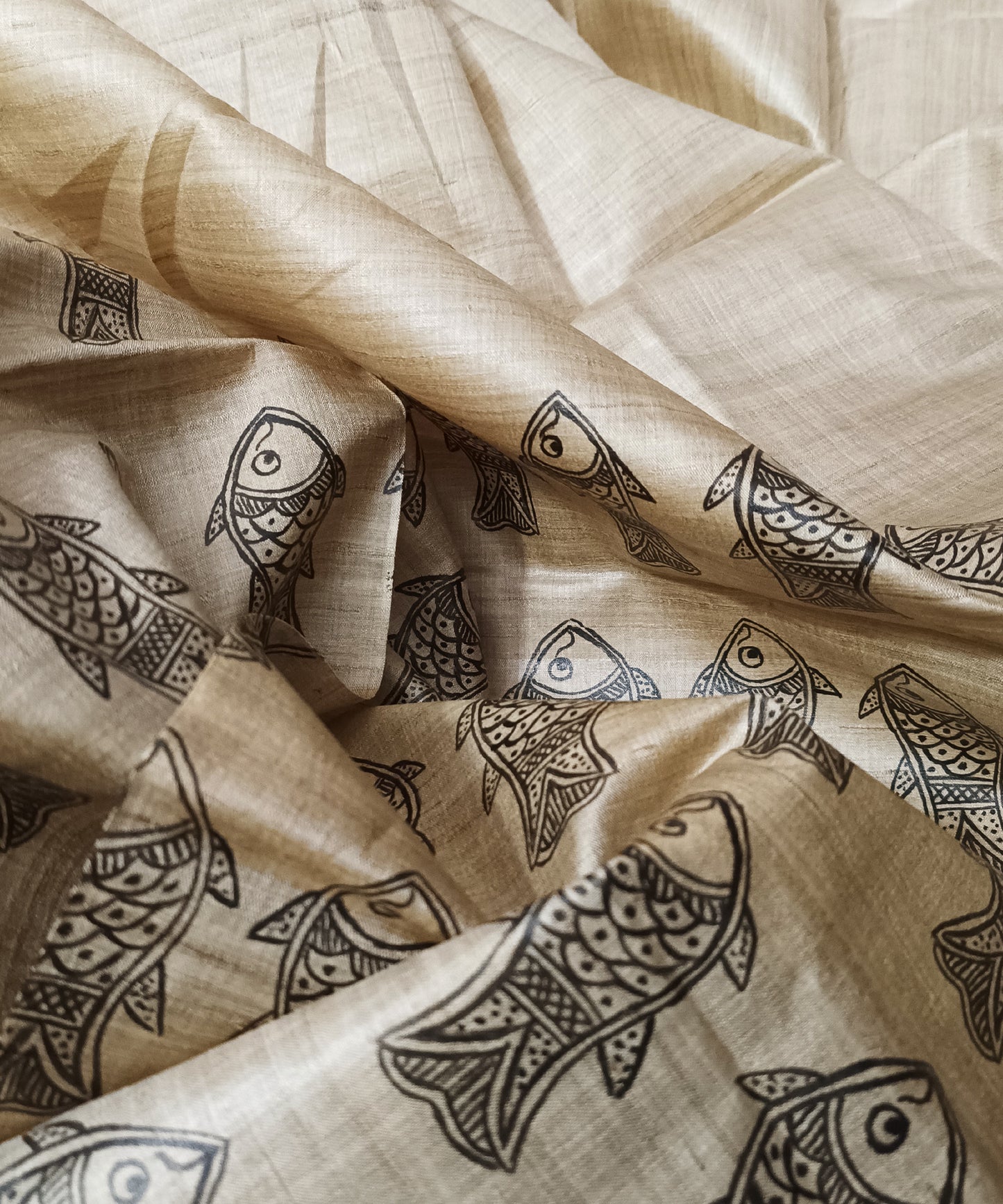 Madhubani Hand painted Tussar Silk Saree Featuring Fish Motifs