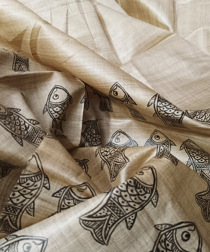 Madhubani Hand painted Tussar Silk Saree Featuring Fish Motifs