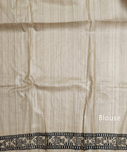 Madhubani Hand painted Tussar Silk Saree Featuring Fish Motifs
