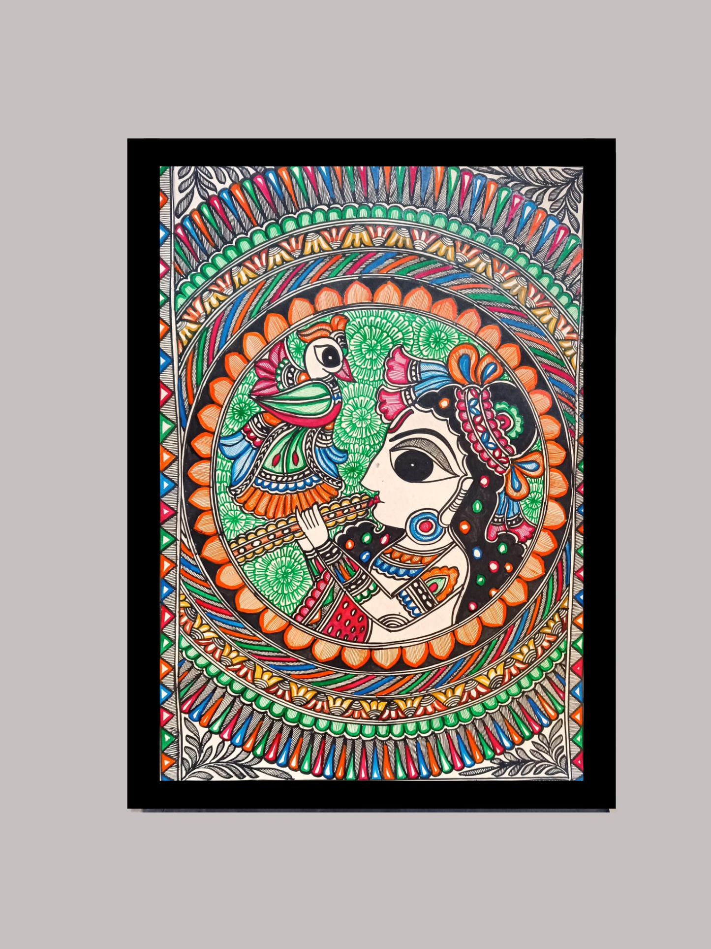 Madhubani Krishna with Flute & Bird Painting - Circular Mithila Folk Art Portrait | Divine Musician