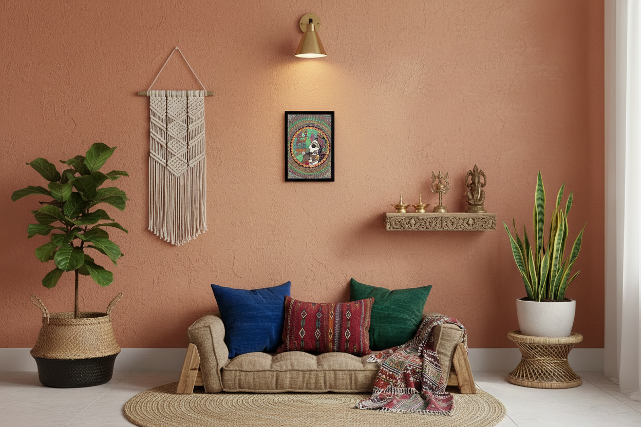 Madhubani Krishna with Flute & Bird Painting - Circular Mithila Folk Art Portrait | Divine Musician