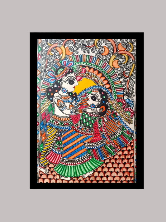 Madhubani Radha Krishna Embrace Painting  Vibrant Vertical Couple Portrait  Mithila Celebration Art