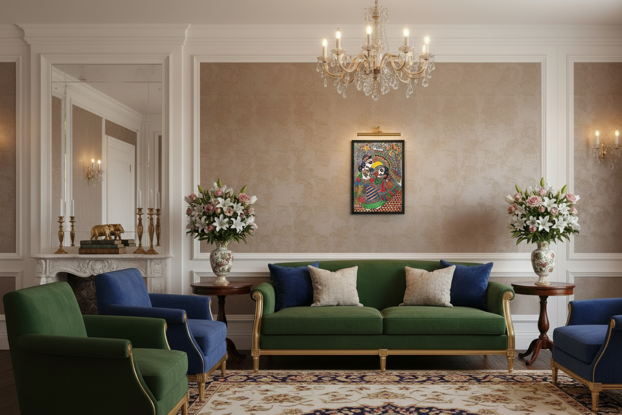 Madhubani Radha Krishna Embrace Painting  Vibrant Vertical Couple Portrait  Mithila Celebration Art