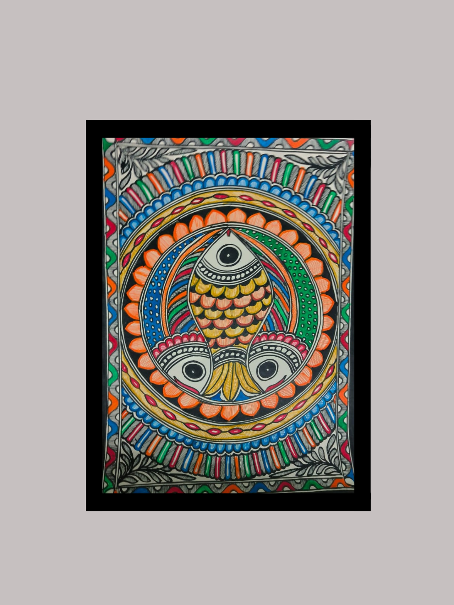 Madhubani Three Fish Mandala Painting - Auspicious Matsya Art | Mithila Prosperity Decor