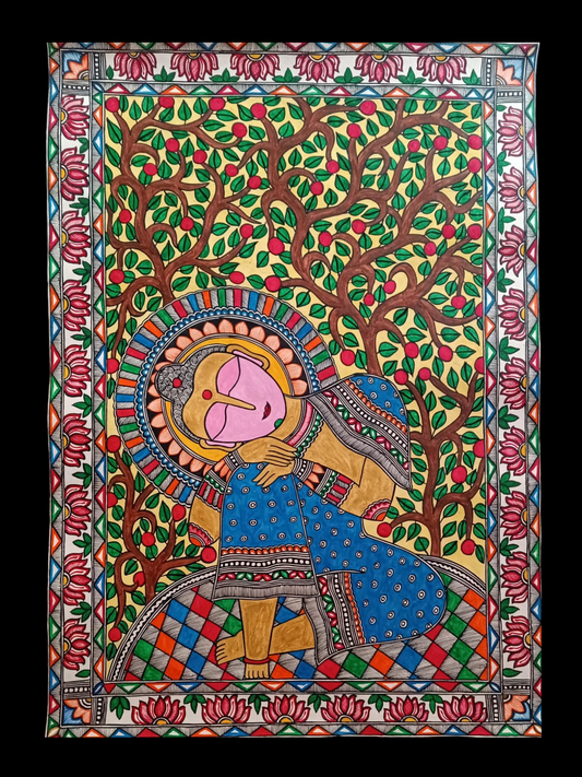 Madhubani Tree of Life Painting - Sleeping Woman & Fruit Tree Art | Traditional Mithila Folk Art