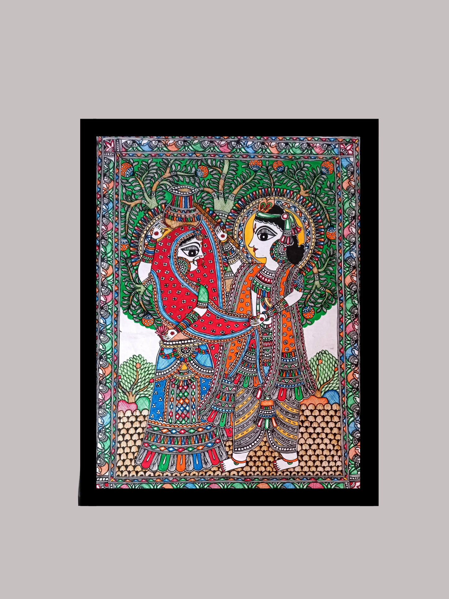 Madhubani Wedding Couple Under Tree - Radha Krishna Union Painting | Traditional Mithila Folk Art