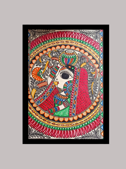 Madhubani Woman with Kalasha Mandala - Circular Mithila Prosperity Art | Hand-Painted Portrait