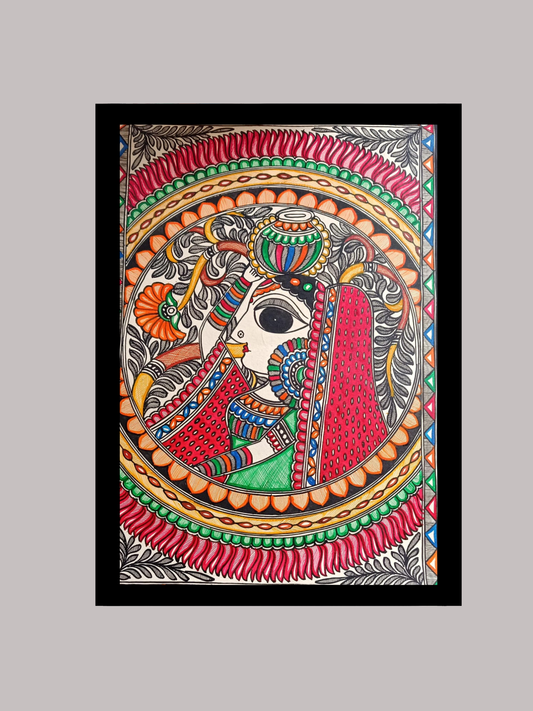 Madhubani Woman with Kalasha Mandala - Circular Mithila Prosperity Art | Hand-Painted Portrait