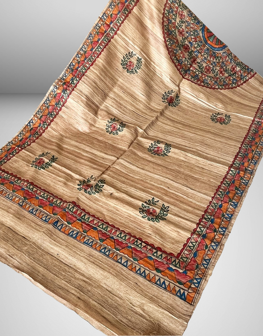Madhubani Hand Painted Tussar Ghicha Silk Dupatta with Folk Motifs & Traditional Border