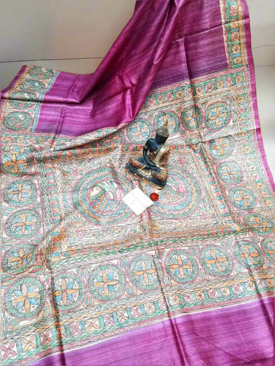 Magenta Madhubani Hand Painted Tassar Silk Saree