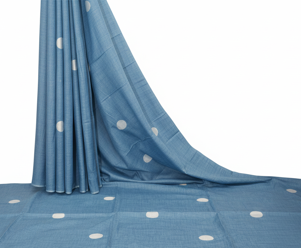 Embroidered Polka Dot Blue Cotton Slub Saree