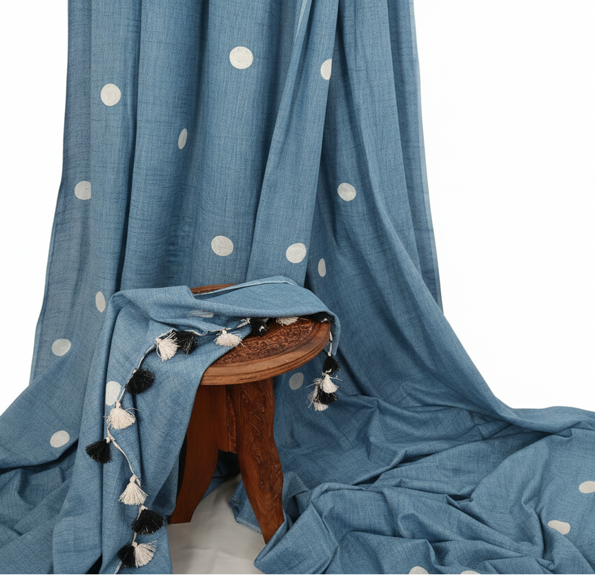 Embroidered Polka Dot Blue Cotton Slub Saree