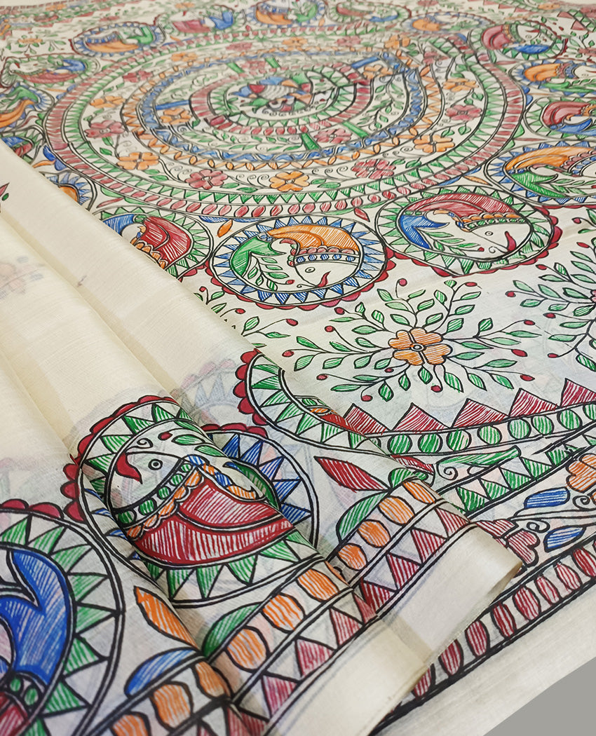 Matasya Madhubani Hand Painted Tussar Silk Saree